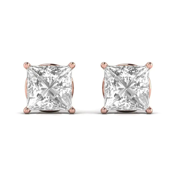 2.5 Carat Each Princess Shape Solitaire Diamond Studs