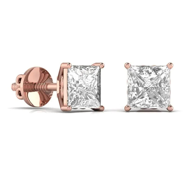 2 Carat Each Princess Shape Solitaire Earrings