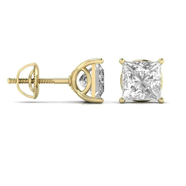 2.5 Carat Each Princess Shape Solitaire Diamond Studs
