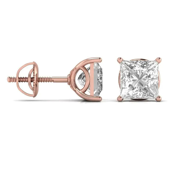 2.5 Carat Each Princess Shape Solitaire Diamond Studs