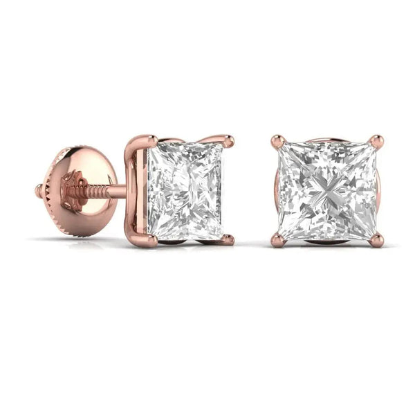 2.5 Carat Each Princess Shape Solitaire Diamond Studs