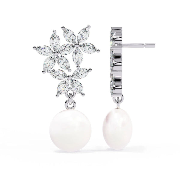 Crystal Flower and Pearl Drop Earrings
