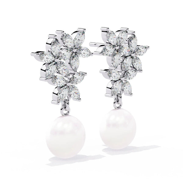 Crystal Flower and Pearl Drop Earrings
